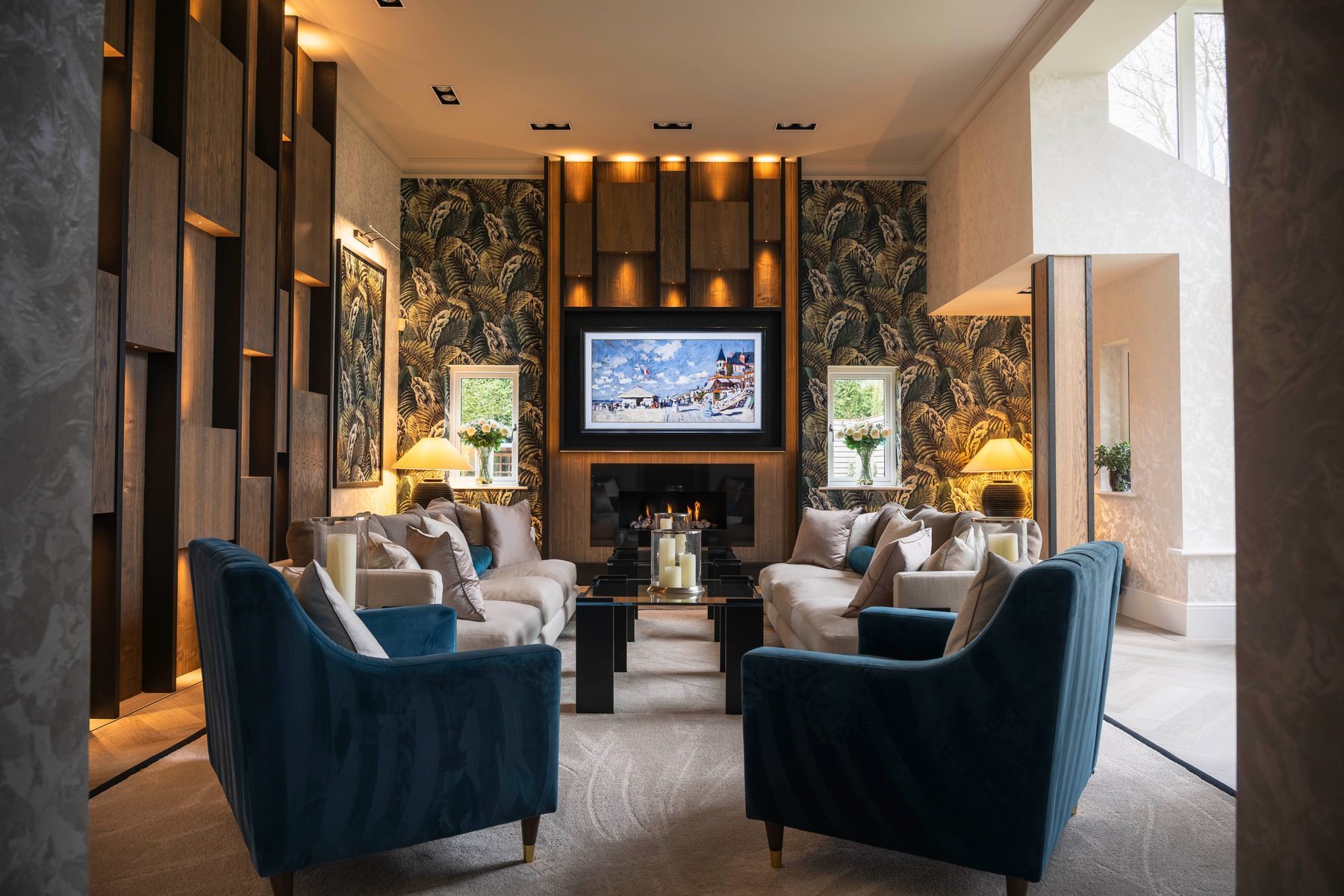 Luxury bespoke fitted living room with floor-to-ceiling oak joinery and integrated media wall — Hafferty Interiors