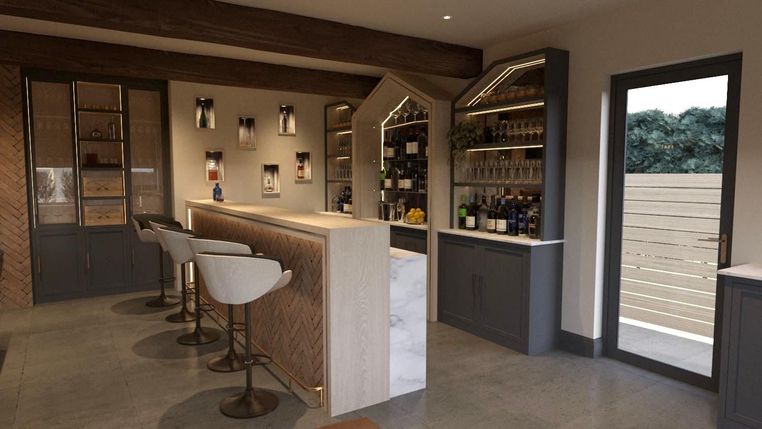 Bespoke home bar with arched back-lit wine display and herringbone bar front — interior design render by Hafferty Interiors