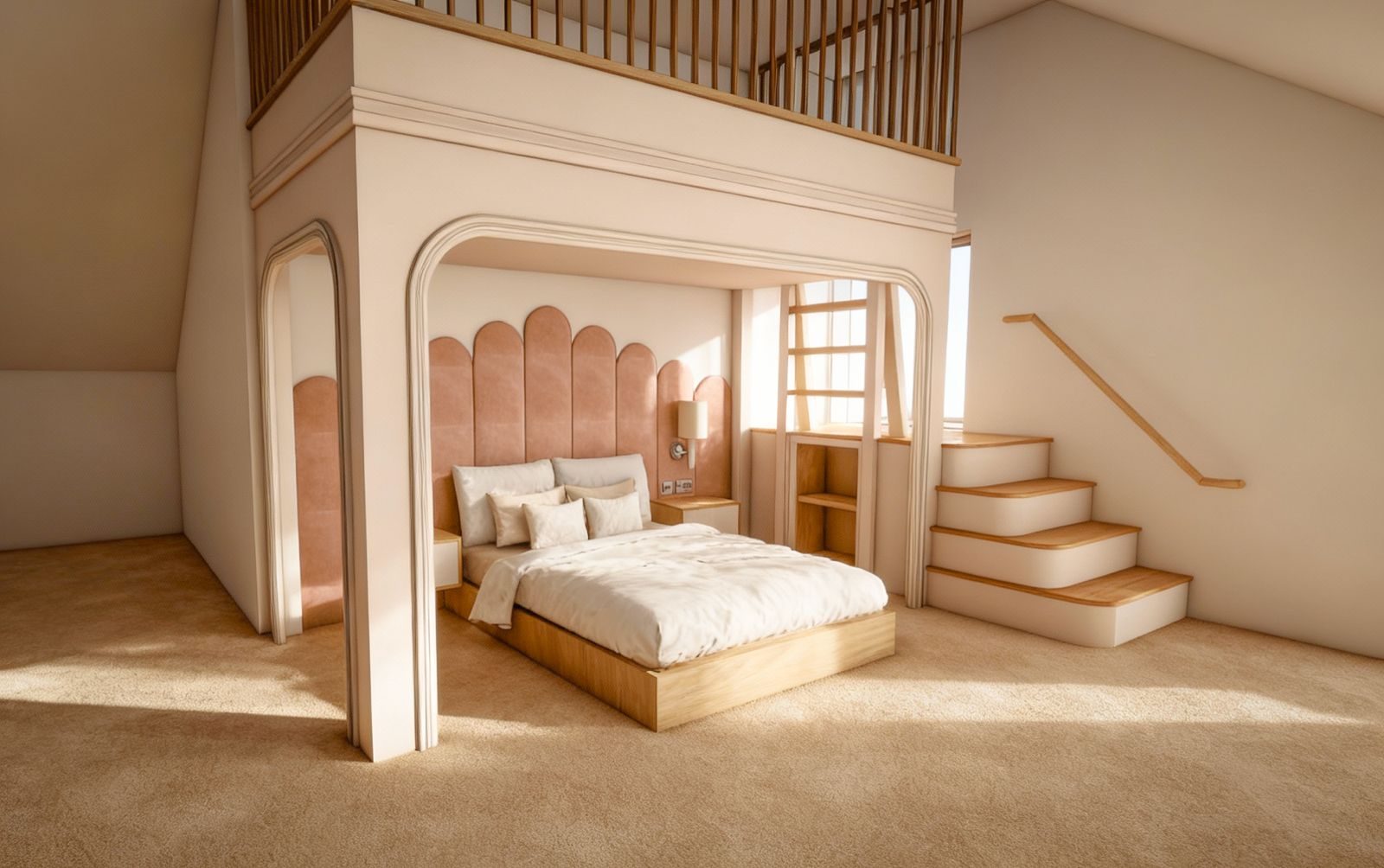 Children's bedroom with bespoke mezzanine loft bed and scalloped upholstered headboard — interior design render by Hafferty Interiors