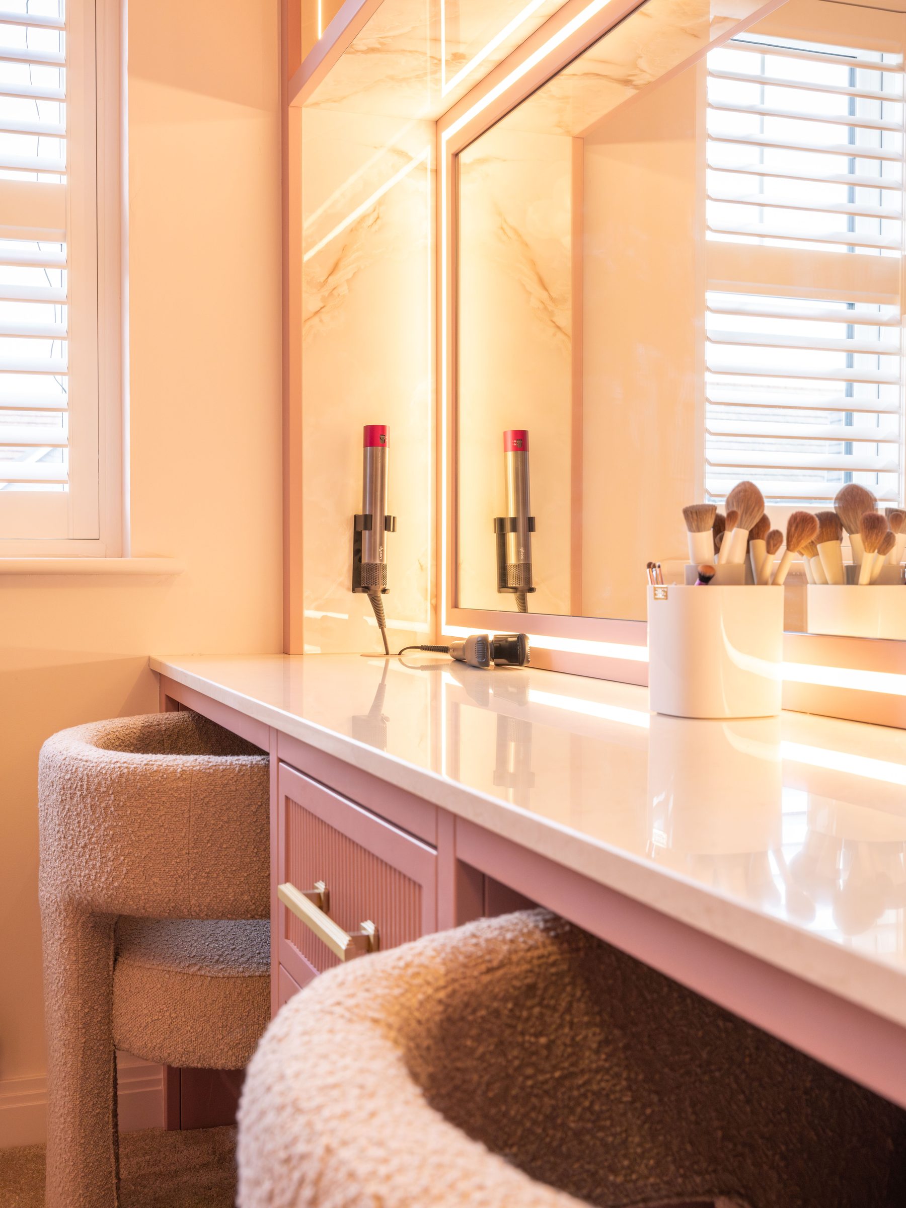 Bespoke pink dressing room with brass reeded inlay — Hafferty Interiors Manchester