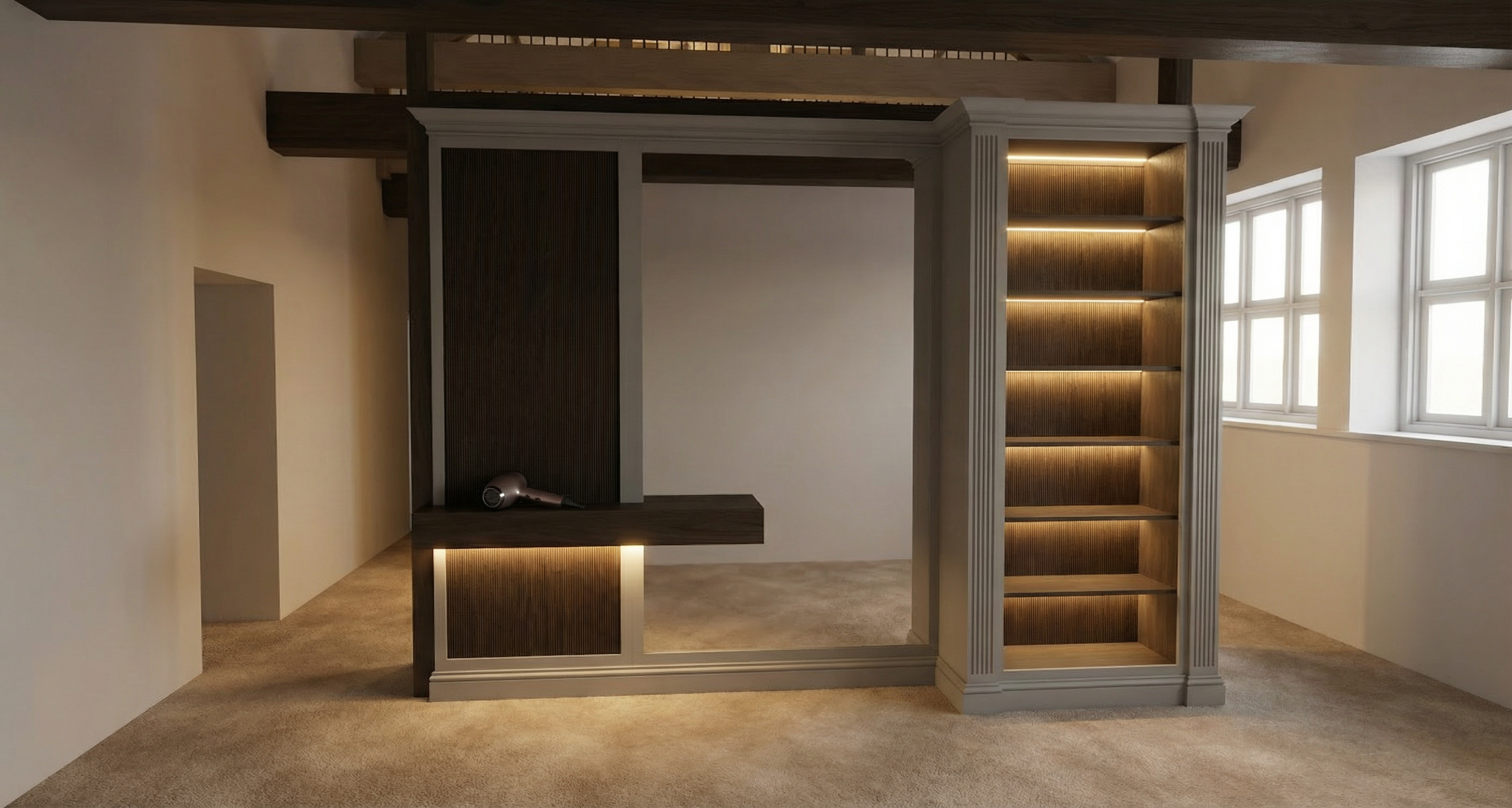 Luxury bedroom changing station with mirror — fitted bedroom concept by Hafferty Interiors Manchester