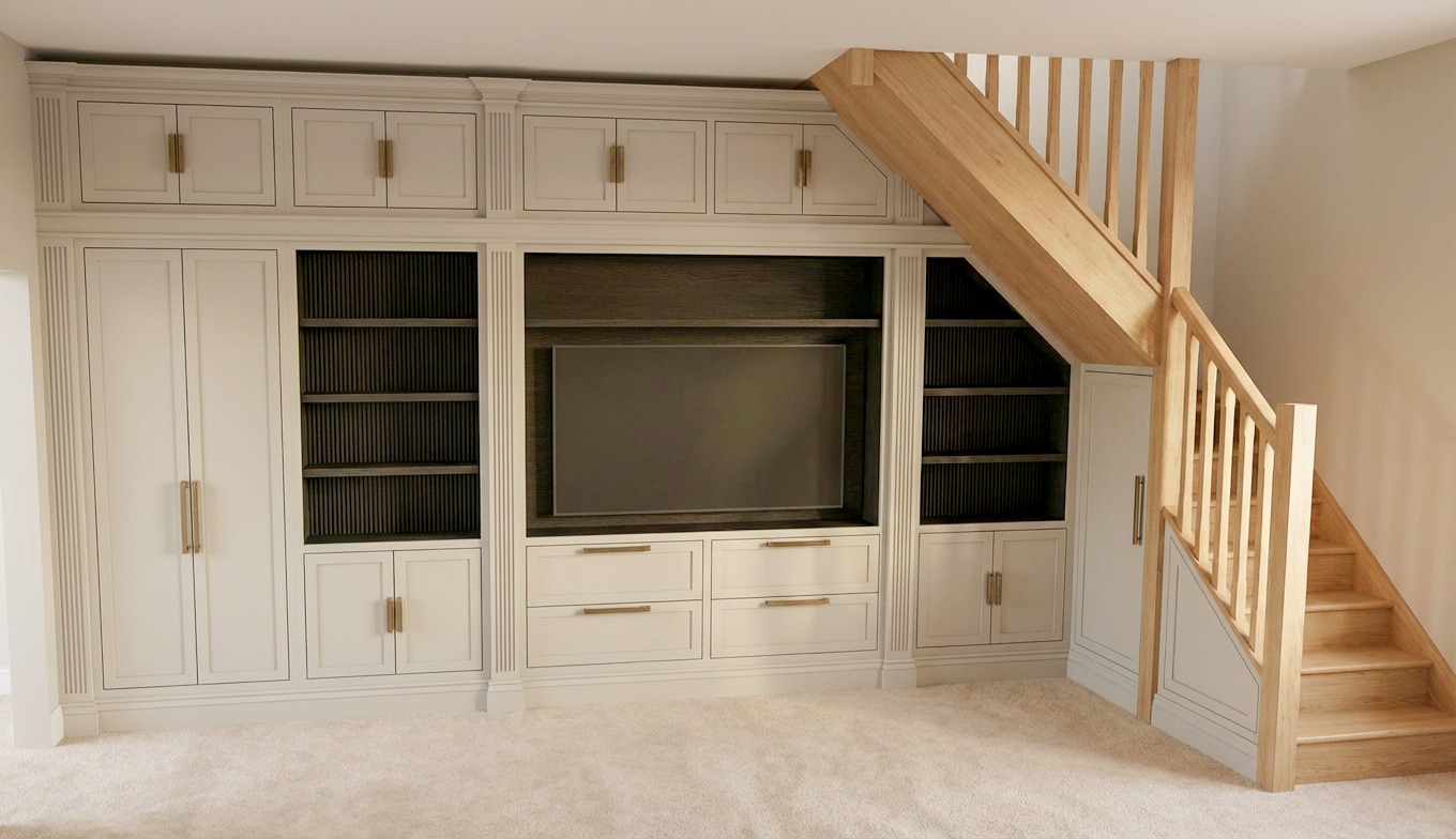 Luxury fitted bedroom TV unit concept — bespoke master suite design by Hafferty Interiors Manchester