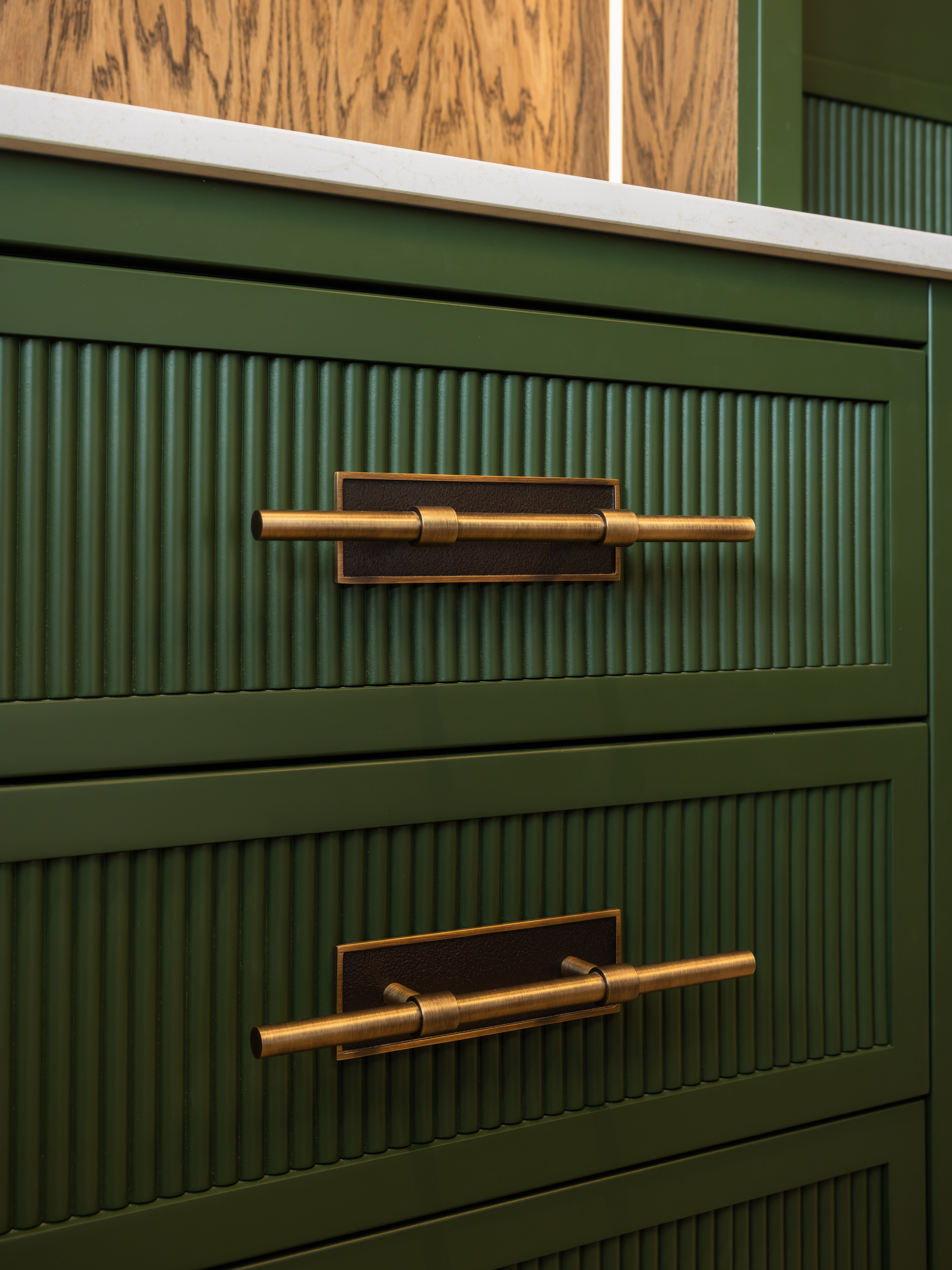 Hendel and Hendel Brokk handle in Farrow and Ball green — bespoke bedroom joinery Manchester by Hafferty Interiors