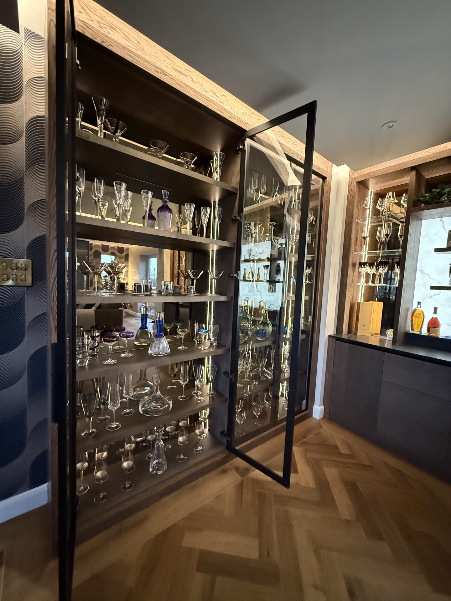 Quartz worktop with integrated drawer fridge — bespoke bar Wilmslow Cheshire by Hafferty Interiors