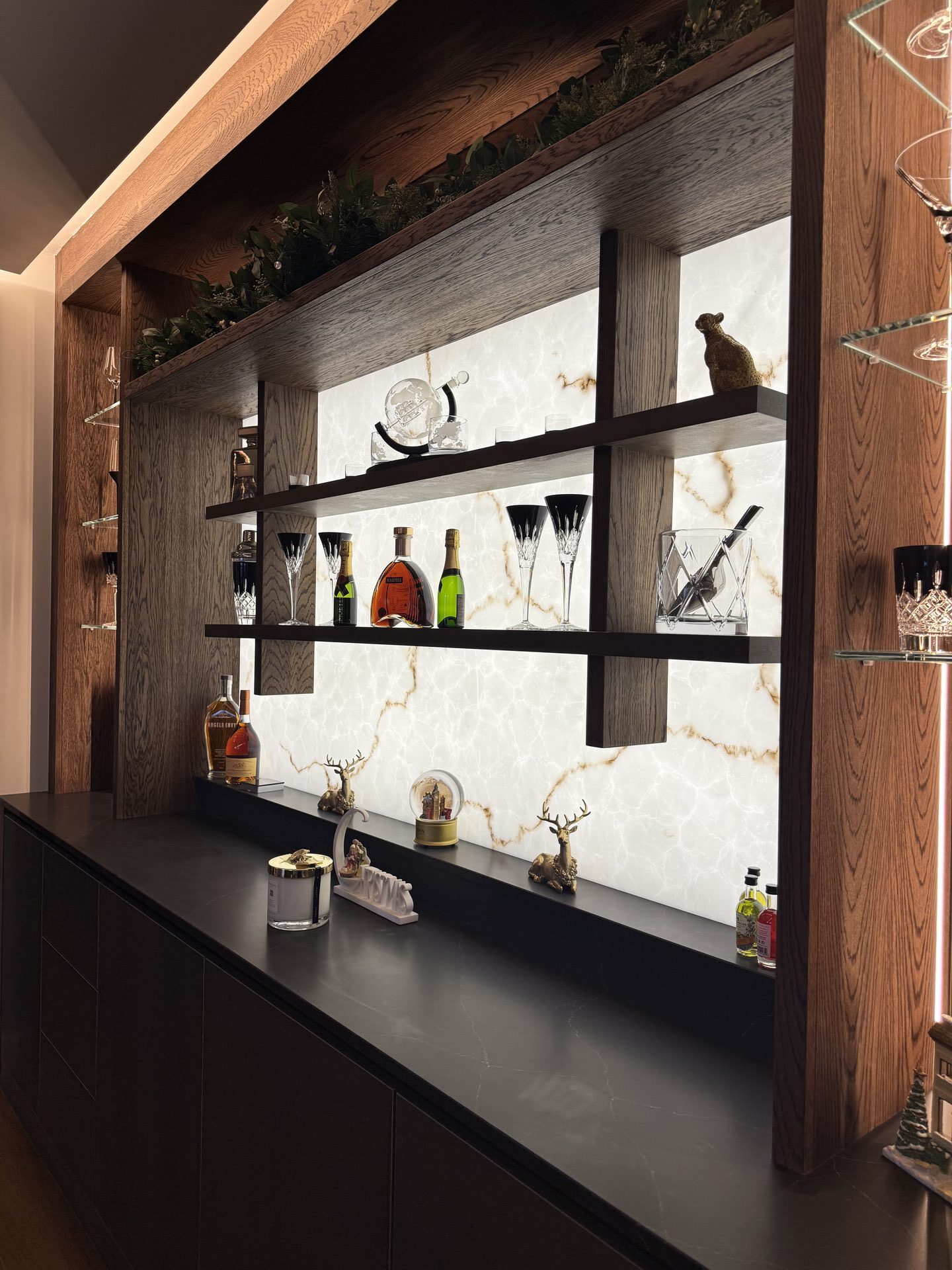 Bronze textured cabinetry detail — bespoke fitted home bar Wilmslow Cheshire by Hafferty Interiors