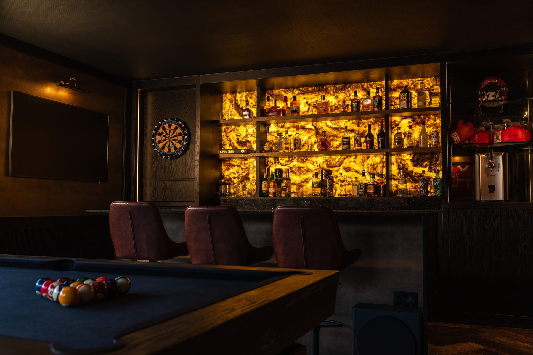 Luxury bespoke home bar with pool table Manchester — Hafferty Interiors