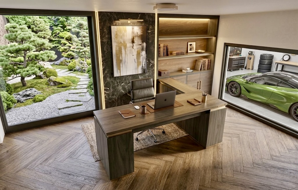 Dream executive desk — dark fumed oak with contrasting light oak worktop and brass inlay by Hafferty Interiors Manchester