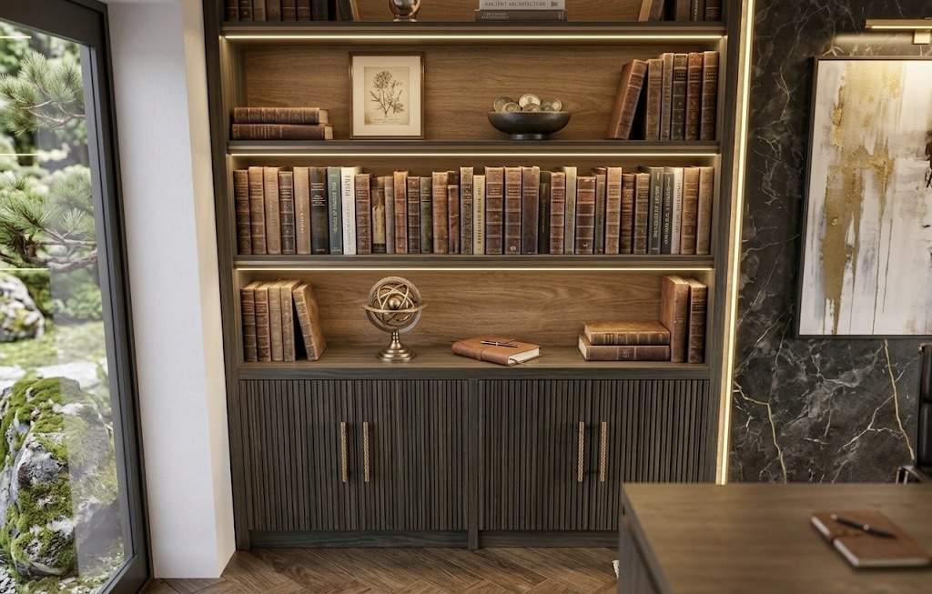 Functional aesthetic smart lighting — recessed LED in dream executive home office concept by Hafferty Interiors Manchester