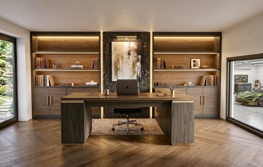 Dream executive home office — dark oak brass and marble by Hafferty Interiors Manchester