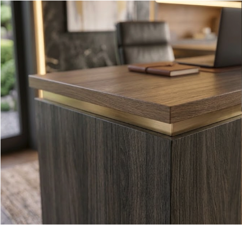 Rubbed walnut brass details and fumed oak — dream executive home office concept by Hafferty Interiors Manchester