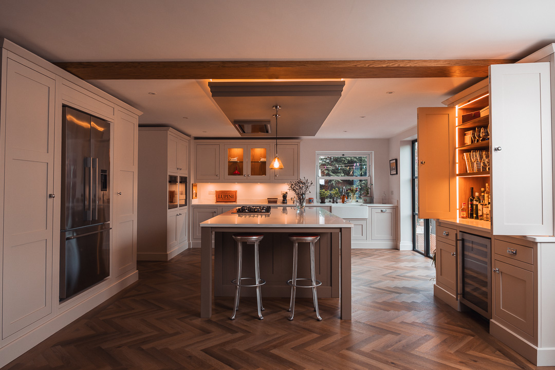 Bespoke in-frame shaker kitchen with central island, feature coffer ceiling and drinks cabinet — Hafferty Interiors